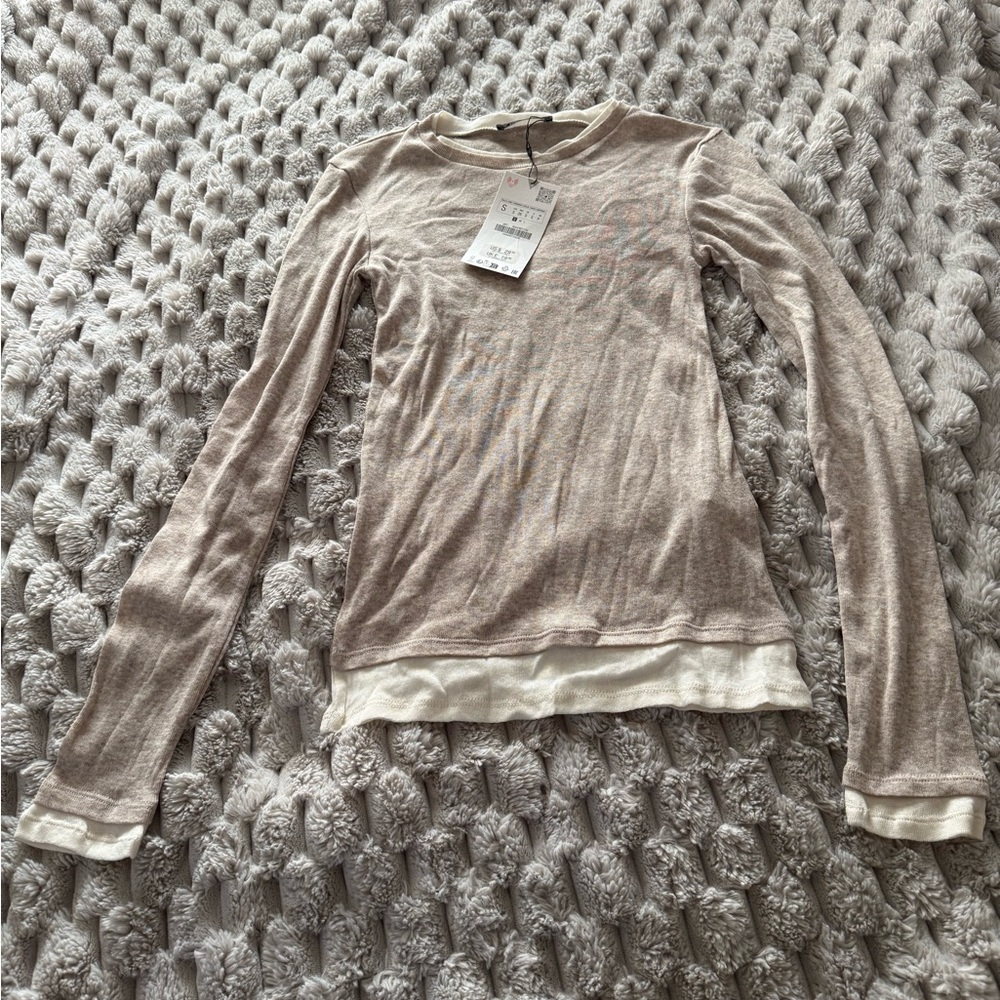 Zara Light Taupe and Cream Layered Long-Sleeve Top